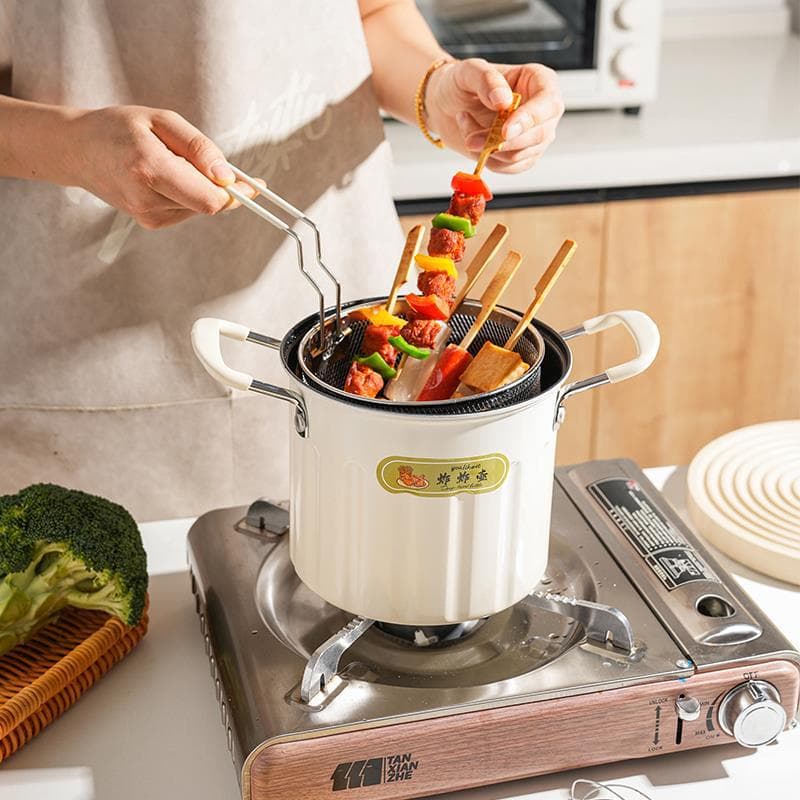 Cream Style Fry Pot Multi-function Small Fry Bucket, Home Use Deep Fryer with Double Handles and Filter Mesh for Straining Noodles and Blanching