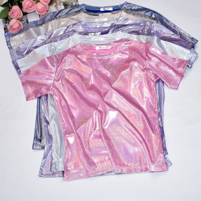 Korean Style Super Hot Thin Base Shirt Bright Silk Glitter Top Glitter Loose Short-sleeved T-shirt Women's Trendy Large Size T-shirt for Students