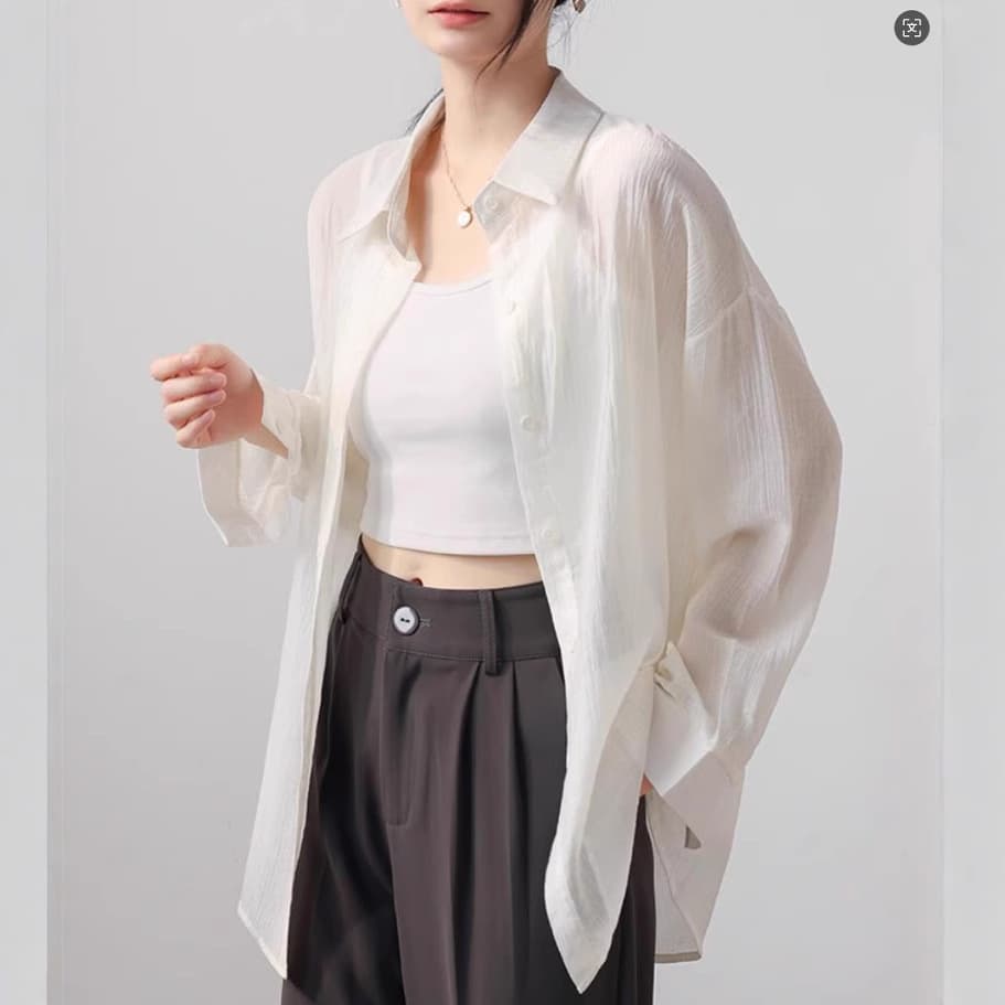 Sunscreen Shirt Women's 2025 New Summer Tencel Thin Coat Chiffon White Shirt Laid-back Loose Micro-transparent Top