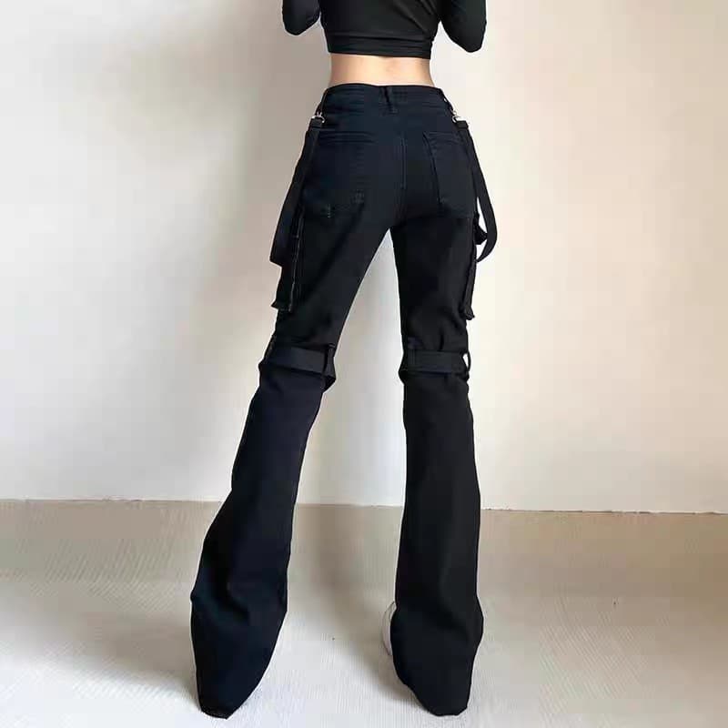 Cross-border ins early summer new style streamer design metal leg ring pocket straight flared jeans for women 2025