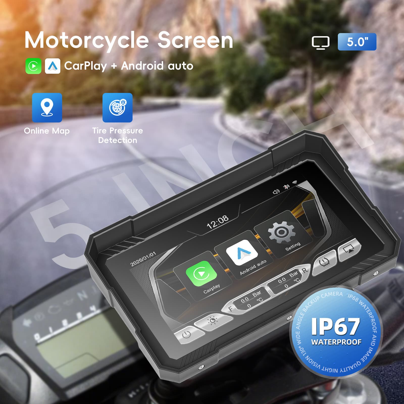Cross-border Hot Selling Motorcycle PND 5 Inch Extra Large Motorcycle Wireless Carplay Display
