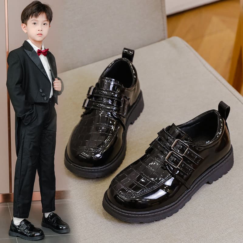 2025 New Spring/Autumn Boys' Leather Children's Shoes, Fashionable British Style, Black Soft-Soled for Elementary School Performance