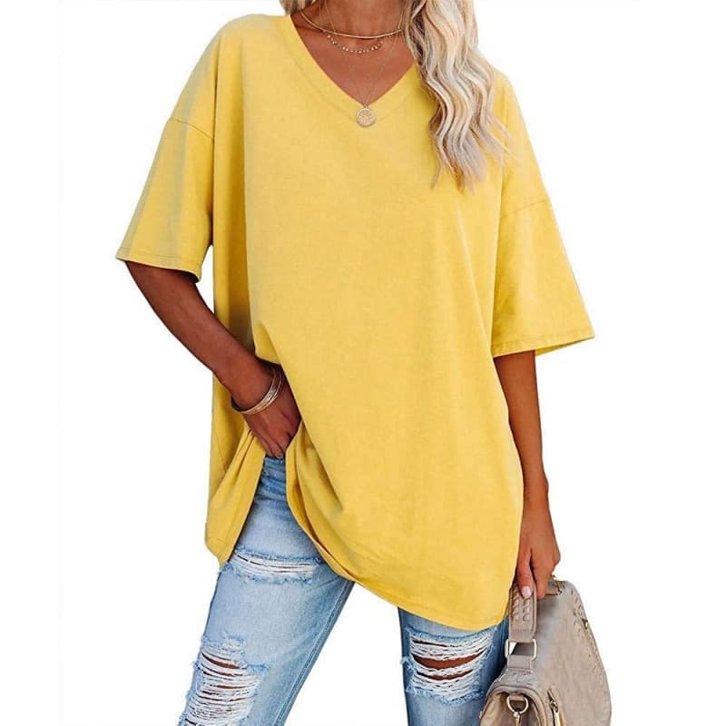 Cross-Border European and American Women's Clothing Amazon Foreign Trade Spring and Summer New Color Loose Half-Sleeved V-Neck Women's Tops