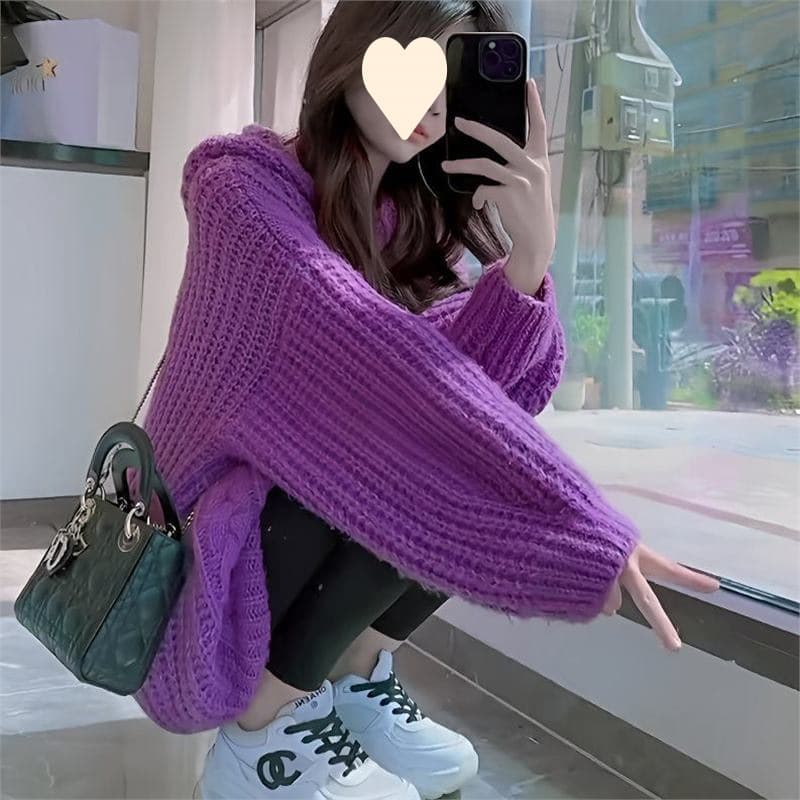 Women's Autumn/Winter New Korean Style Hooded Knit Sweater, Loose and Relaxed Style, Chunky Knit Cable Knit Lantern Sleeve Top
