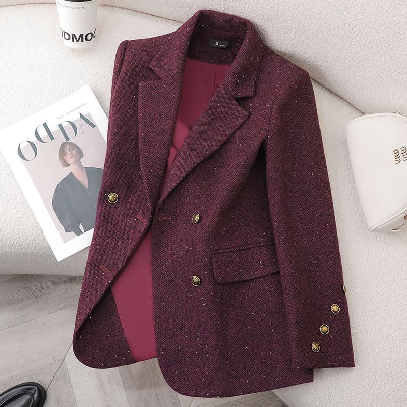 2025 Autumn/Winter Stylish Casual Blazer Jacket Red Suit Top Slim Fit Professional Korean Double-Breasted