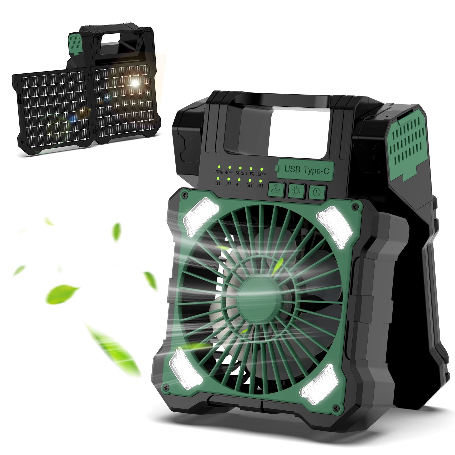 Solar-powered portable camping tent fan with timer function, power bank, lithium battery, outdoor camping fan.