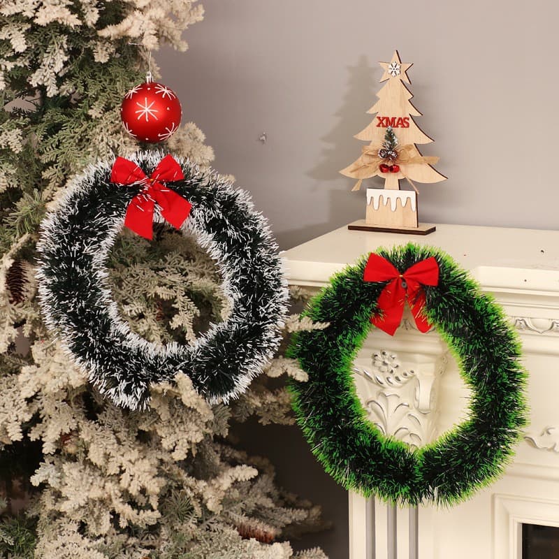 Red Bow Christmas Wreath Door Hanger with Ribbon Strips, Green Edge White Edge Bow Dense Wreath
