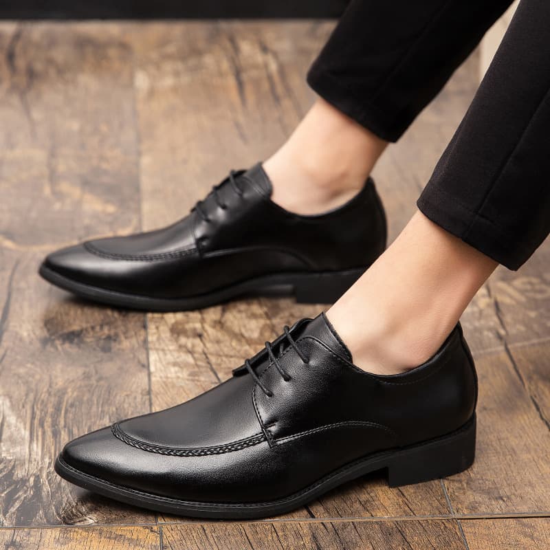 Men's Business Formal Shoes Fashionable Large Size Lace-Up Leather Shoes Trendy British Style Pointed Toe Shoes PU Material Rubber Sole