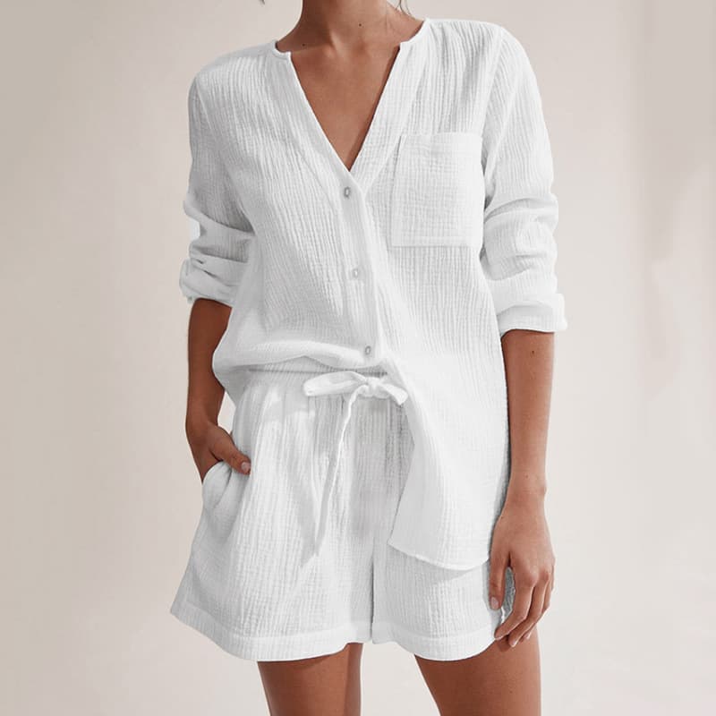 Summer Pajamas Double-Layer Gauze Long Sleeve Shorts Cotton Air Conditioning Wear Fashion White Women's Homewear Set