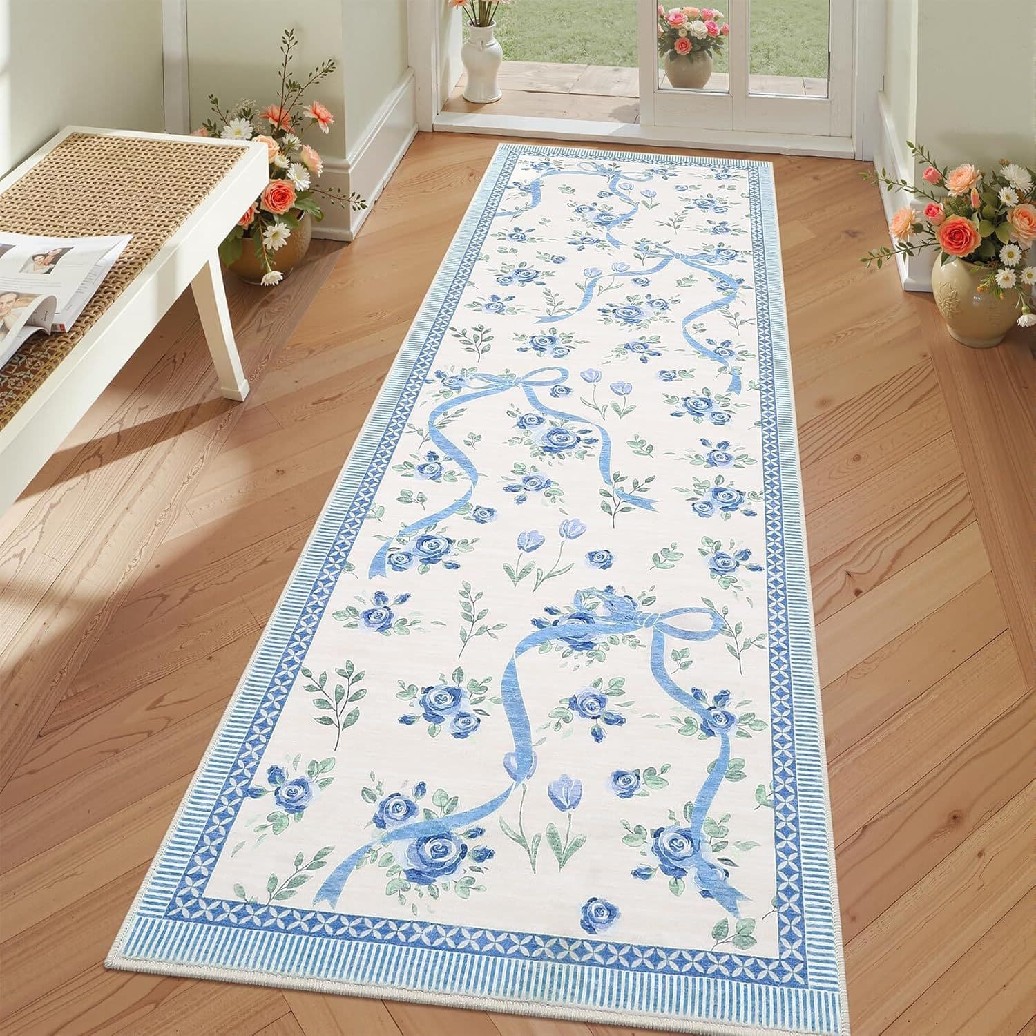 Cross-border temu new bow flower carpet imitation cashmere washed bottom corridor decorative carpet labeling and delivery