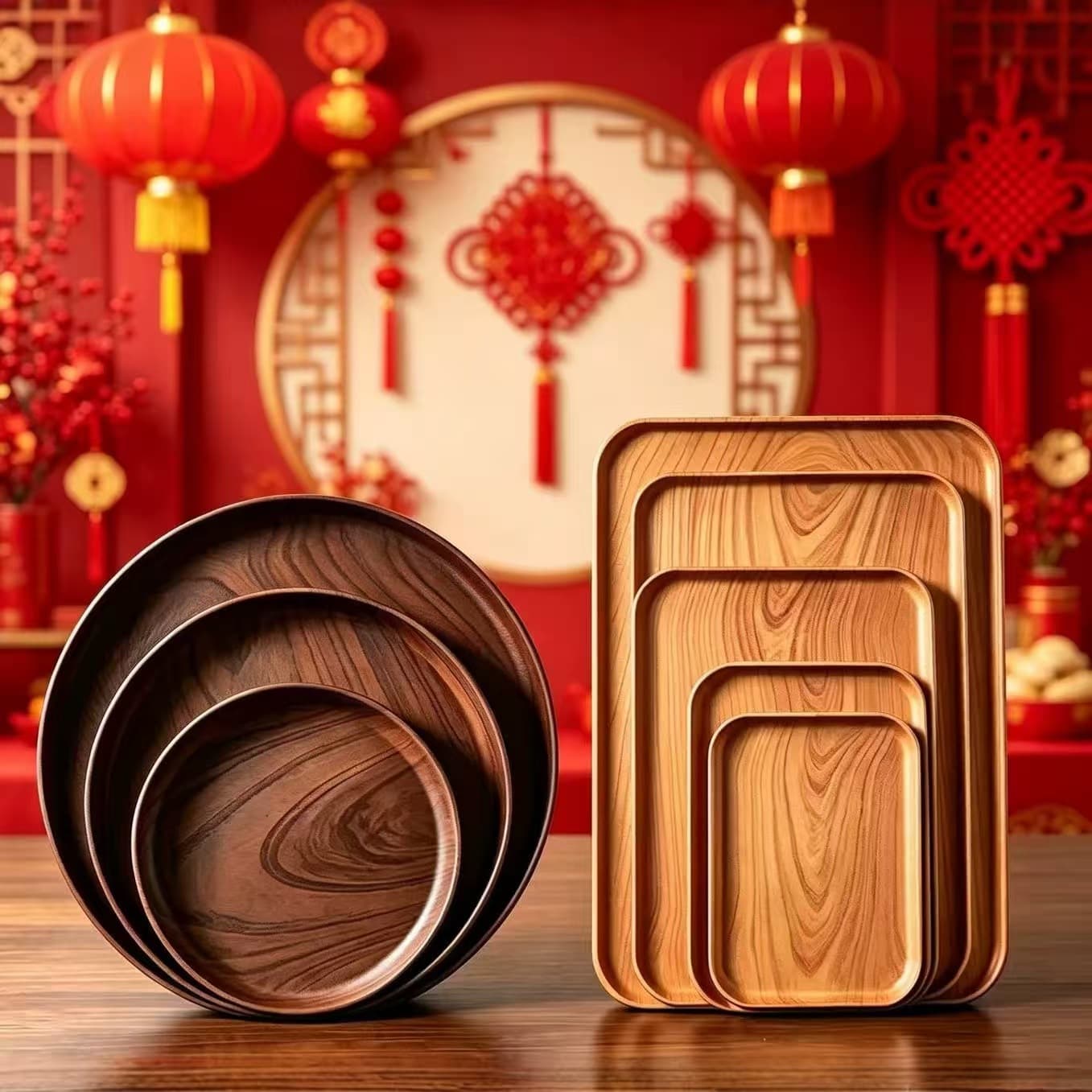 Cross-border Round Wood Grain Tray, Home Living Room Storage Tray for Cups and Glasses, Plastic Serving Tray, Fruit Tray