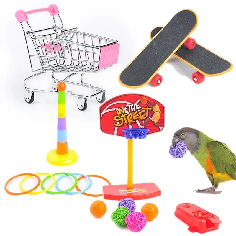 Parrot Toy Bird Skateboard Mini Push Cart Ring Toy Stress Relief Educational Bird Cage Accessories