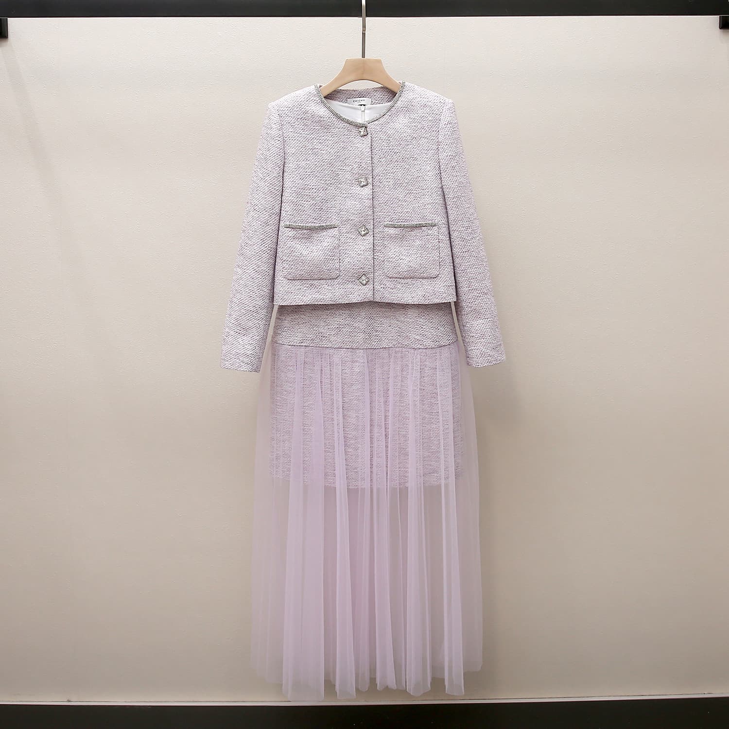 Shenzhen Nanyou High-End Women's Spring New Gentle Little Chanel-Style Jacket + Mesh Vest Dress Set