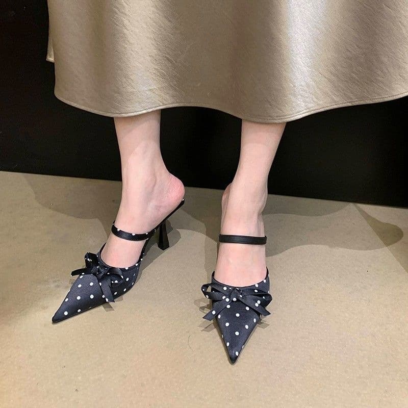 French Polka Dot Bow Pointed Toe Thin Heel Closed-Toe Mule Sandals for Women Spring Summer Dressy High Heel Slippers