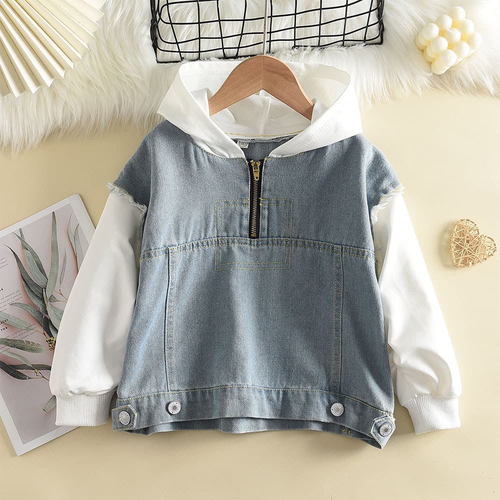 New children's casual sweatshirt for boys and girls, spring and autumn, Korean style, fashionable hooded denim patchwork top, trendy kids' sweatshirt