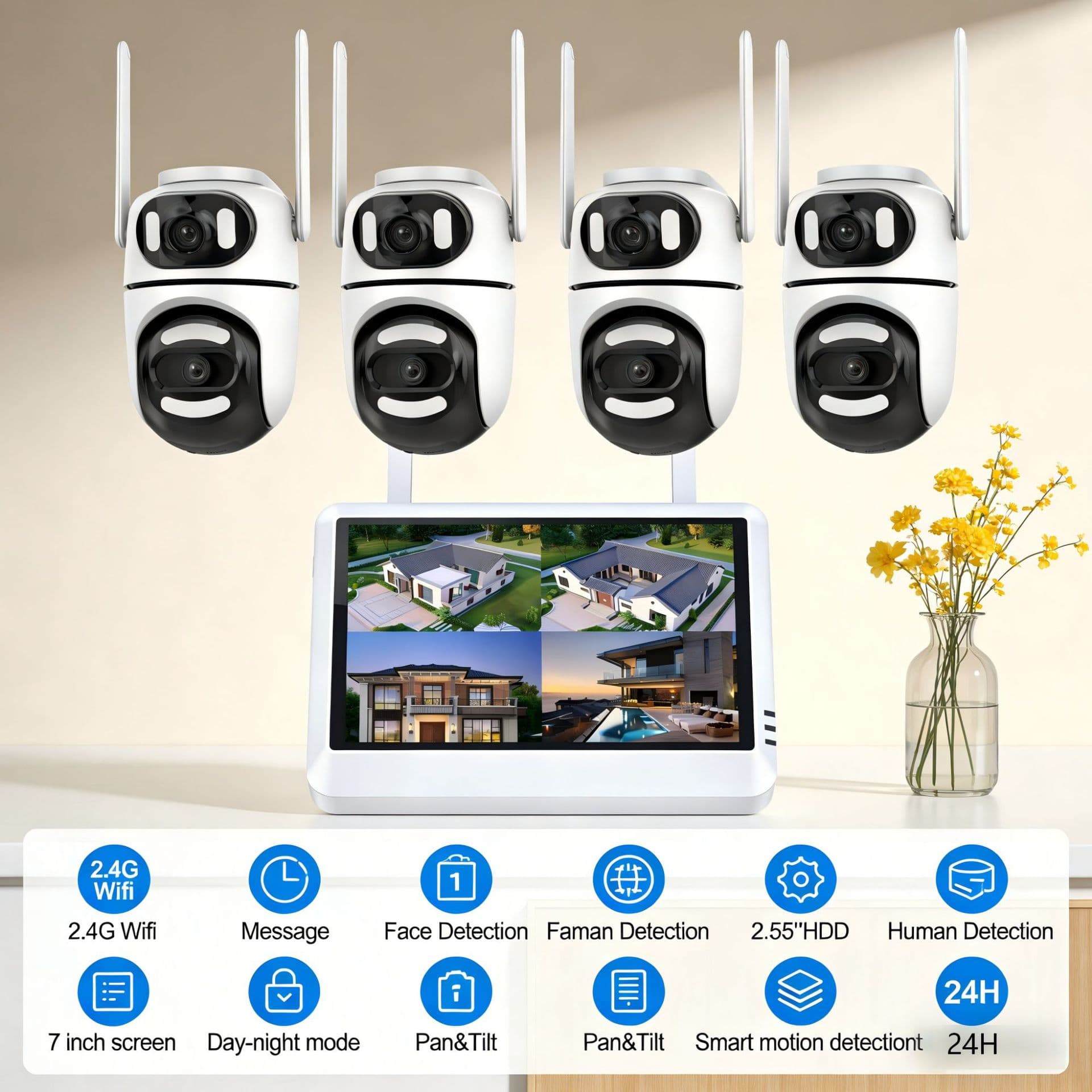 CCTV Surveillance System WiFi Dual-Lens 5V PTZ Camera Kit with Screen Recorder