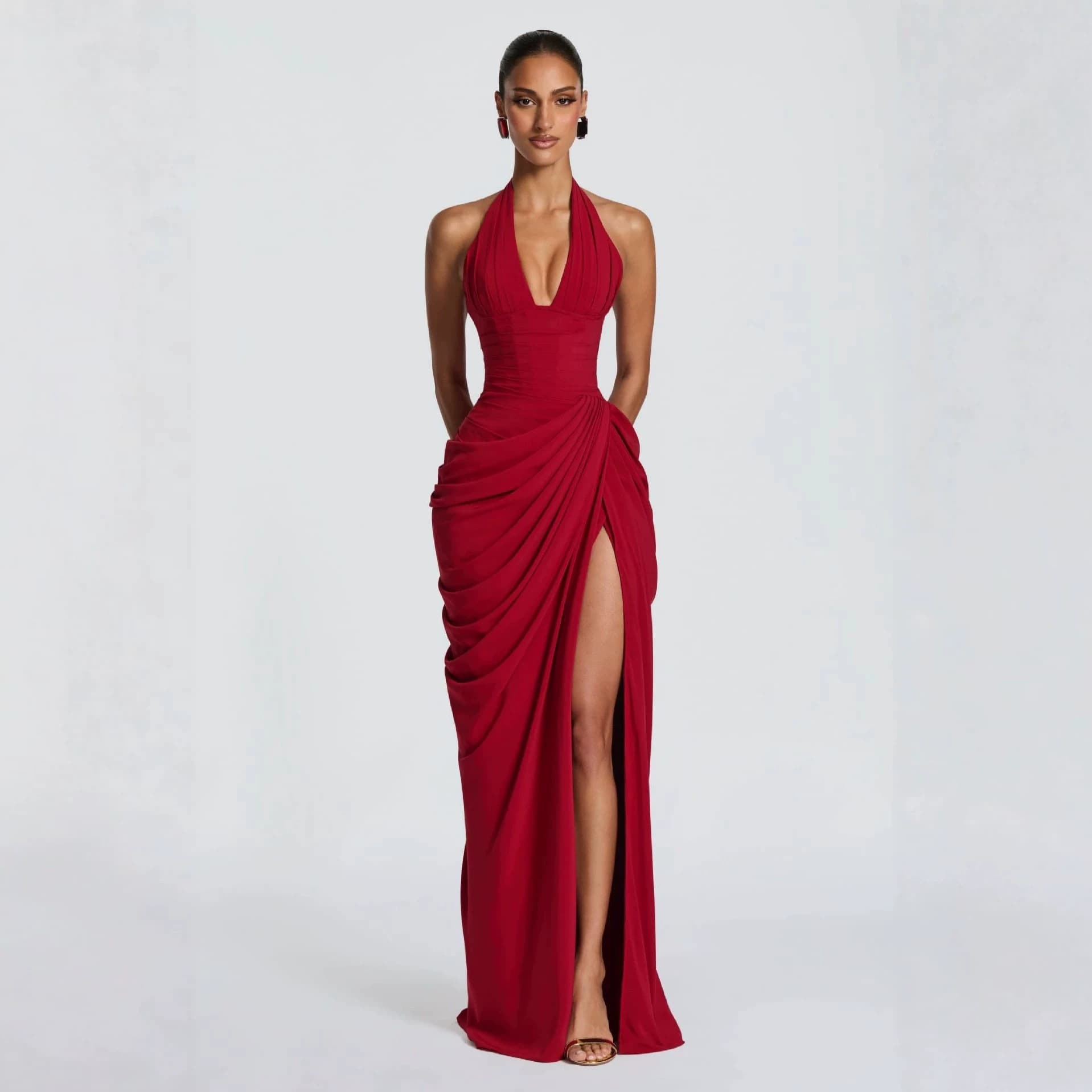 Draped Chiffon Long Dress Deep V Vertical Pleats Bust Waist Horizontal Gathers One-Side Twist High Slit Gown