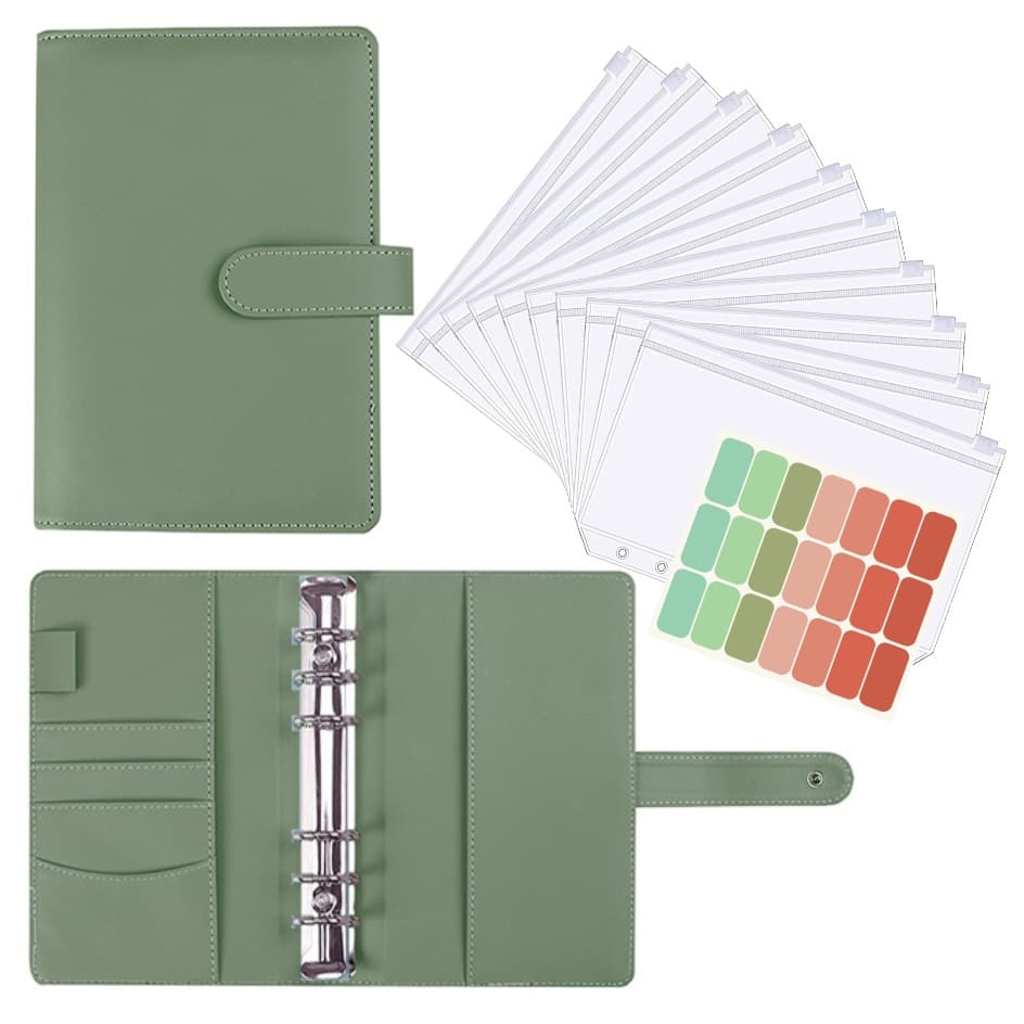 Cross-border Cash Budget Planner Notebook A6 Binder with Snap Button Zipper Pouch Matcha Green Leather PU Refillable Notebook