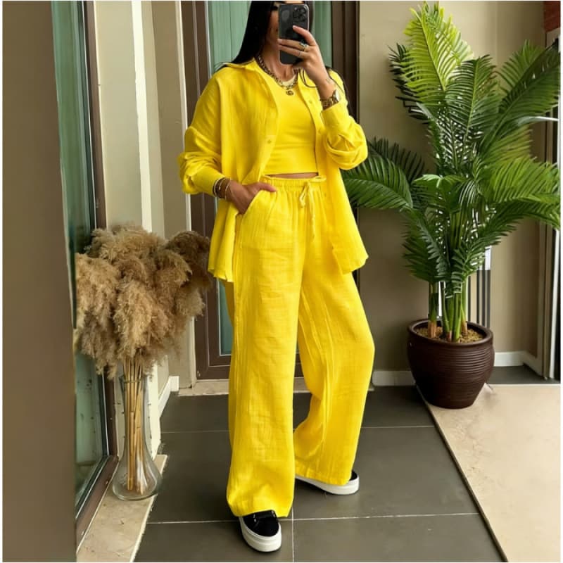 European and American Spring New Fashion Women's Two-Piece Linen-Like Shirt Set High-Waist Loose Long Pants Plus Size