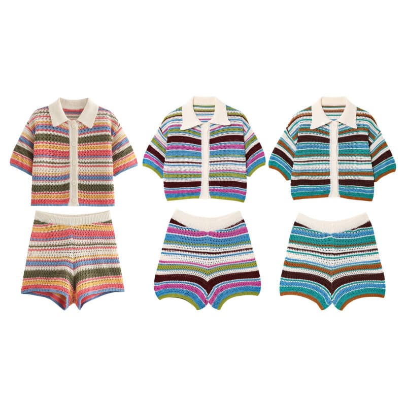 Factory Stock Wholesale Women's Clothing 2025 New Crochet Polo Neck Top Striped Crochet Shorts Set