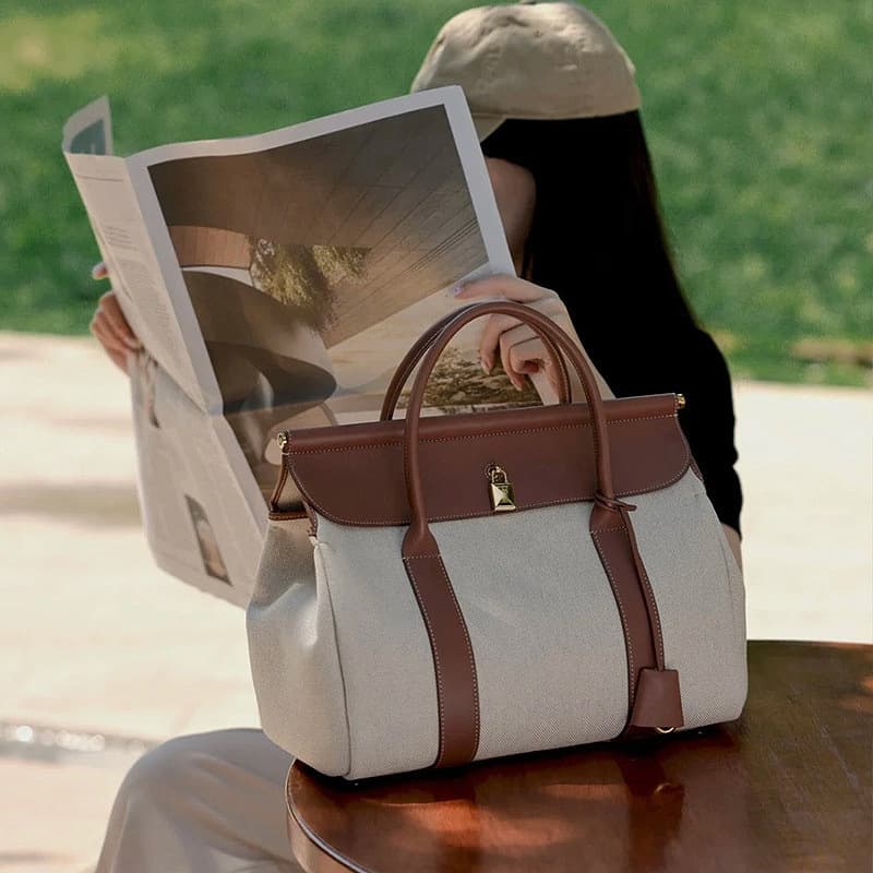Vintage Leather Tote Bag Ladies Handbag Canvas Patchwork Shoulder Bag Commuter Handheld Soft Square Shape Phone And Document Pouch