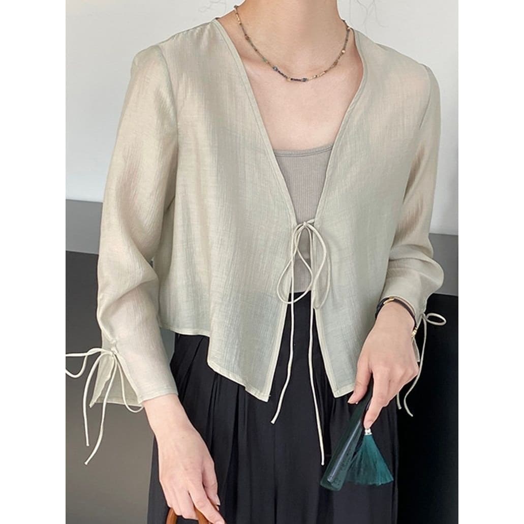 Zen-style New Chinese Top for Women Summer Ethnic Flared Sleeve Tie-detail Sun-protection Shirt Short Design Lightweight Jacket