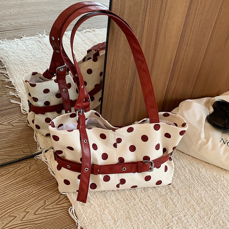 Korean Polka Dot Single Shoulder Bag Retro Classic Black and White Canvas Bag Simple Fashion Versatile Commuter Cloth Bag Fresh Style for Women