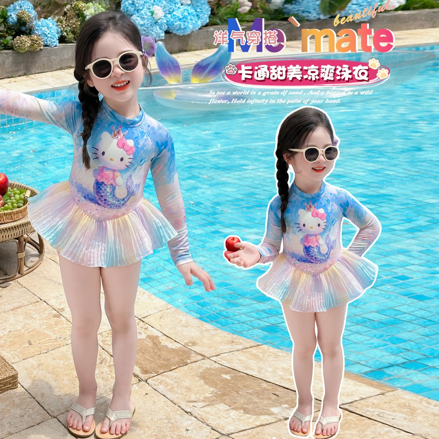 Girls' Cartoon Long-Sleeved Sun Protection Swimsuit 2026 Summer Kids' Baby Mesh Anti-Exposure Swimsuit Vacation Swimwear