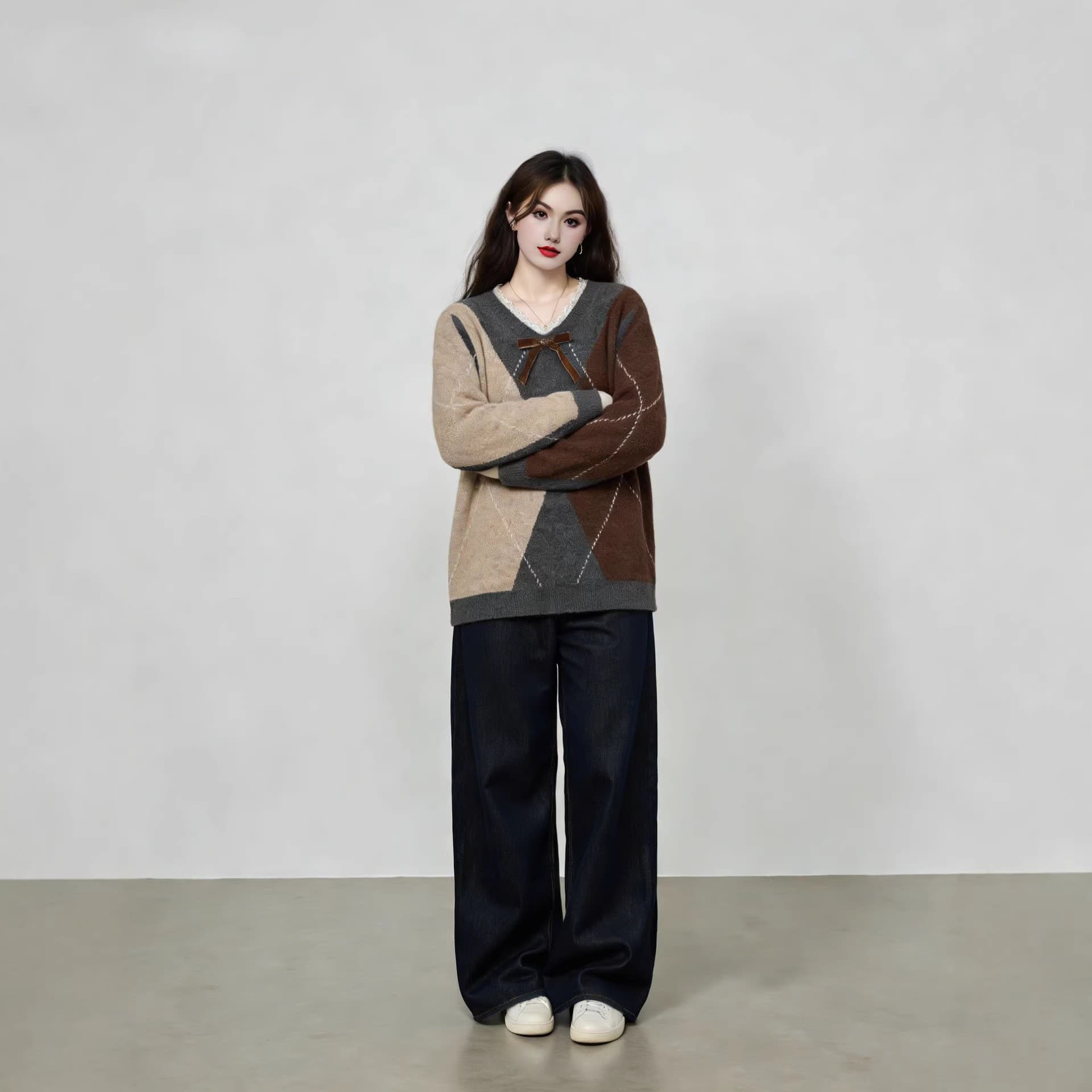 [Free Shipping] Plus Size Women's Winter Clothing 2025 Color-Block Sweater Loose Casual Knitwear for Plus-Size Women