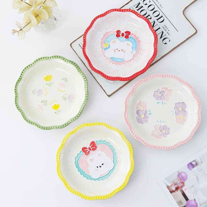 Hand-painted embossed ceramic plate household tableware Western food plate pasta plate cute fruit plate girl heart salad plate wholesale