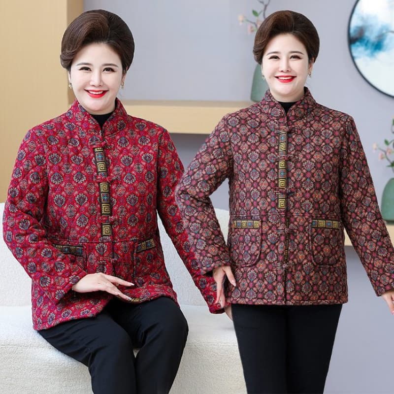 Plus-Size and Extra-Large Floral Cotton Jacket with Traditional Chinese Buttons for Middle-Aged and Elderly Women