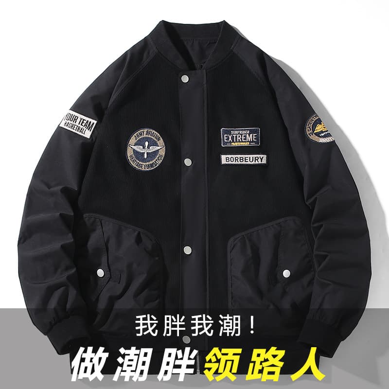 Plus size 350 catties coat flight jacket round neck casual trendy clothing fat man zipper style