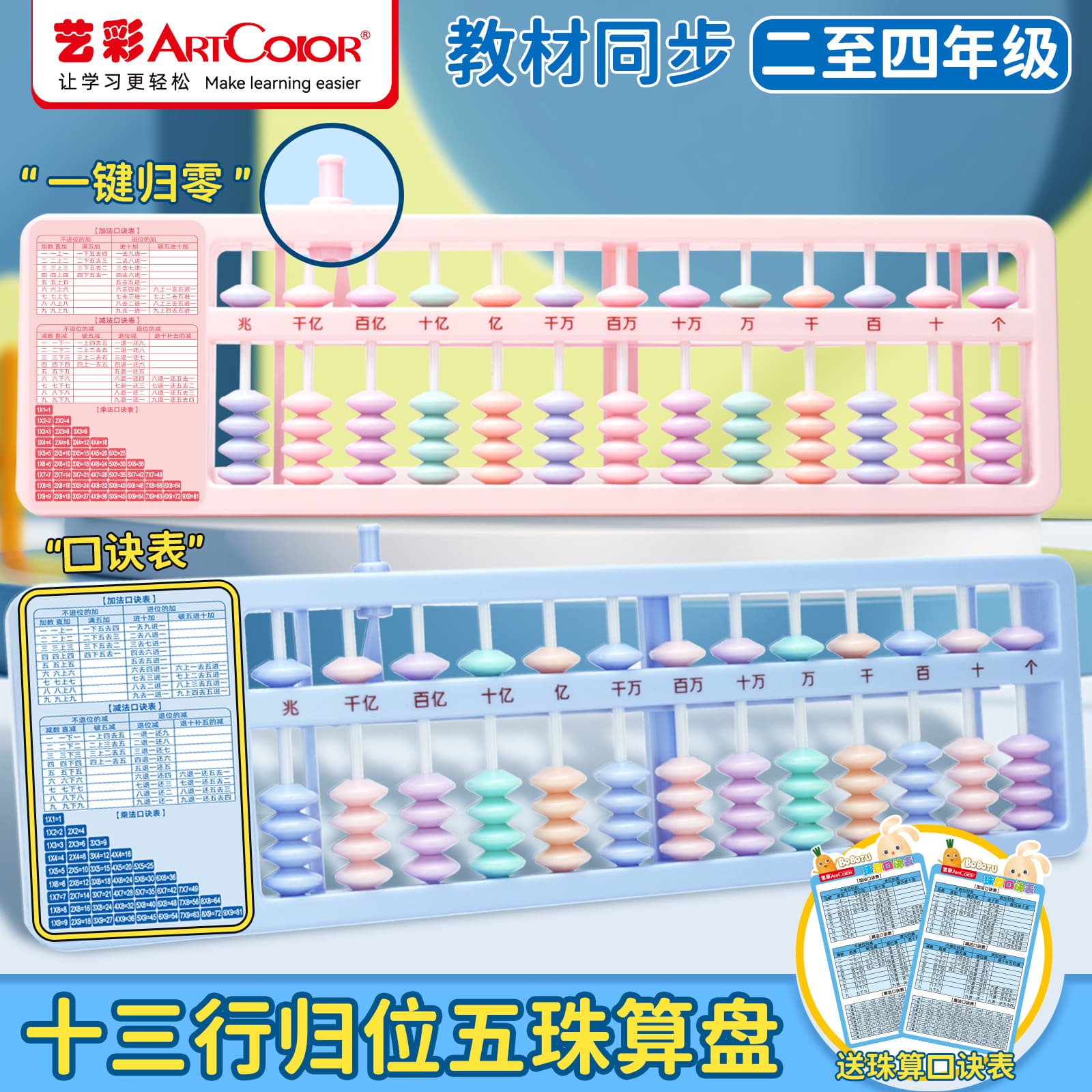 Yicai 13-Row Five-Bead Abacus for Elementary School Students, One-Key Clear, Second Grade with Formula Table, Children's Mental Calculation