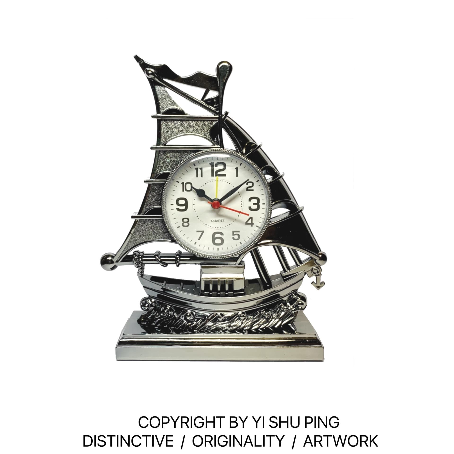 *Yishu* Smooth Sailing Ship Alarm Clock, Mediterranean Style Home Decor Clock, Desk Clock, Student Bedside Wake-up Alarm