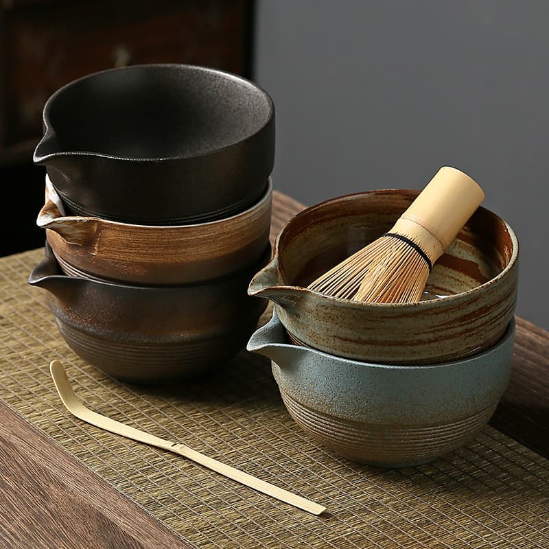 Coarse Pottery Matcha Bowl with Spout, Matcha Whisking Tool Brush, Japanese Tea Bowl, Matcha Cup Stirrer, Chasen Tool Set