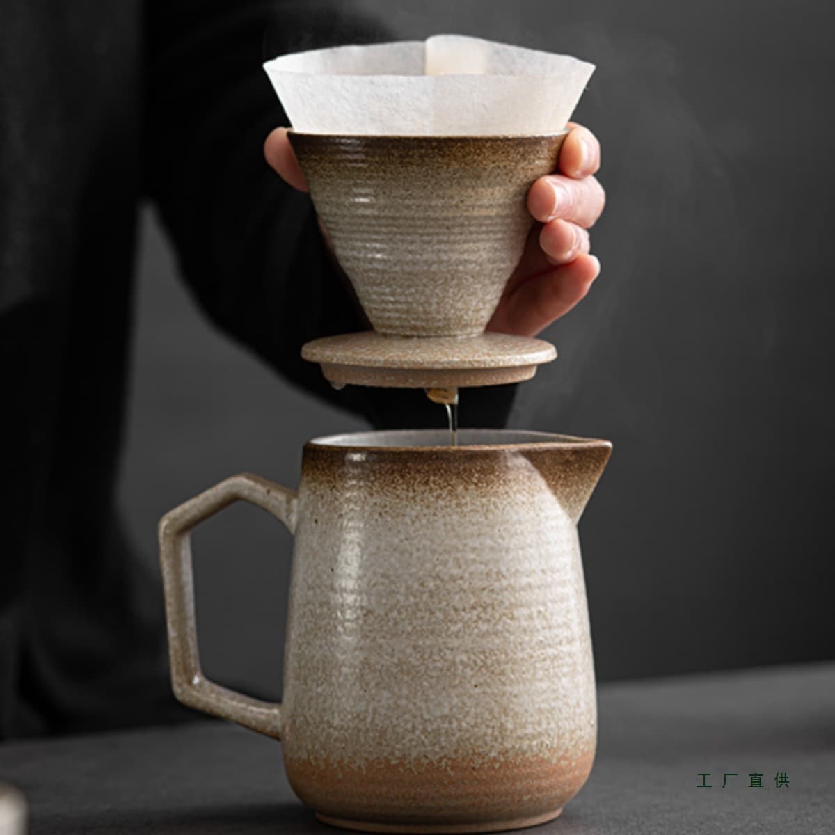 Thick Pottery Kiln-Transformed Ceramic V60 Drip Pour-Over Set with Sharing Carafe and American-Style Coffee Filter