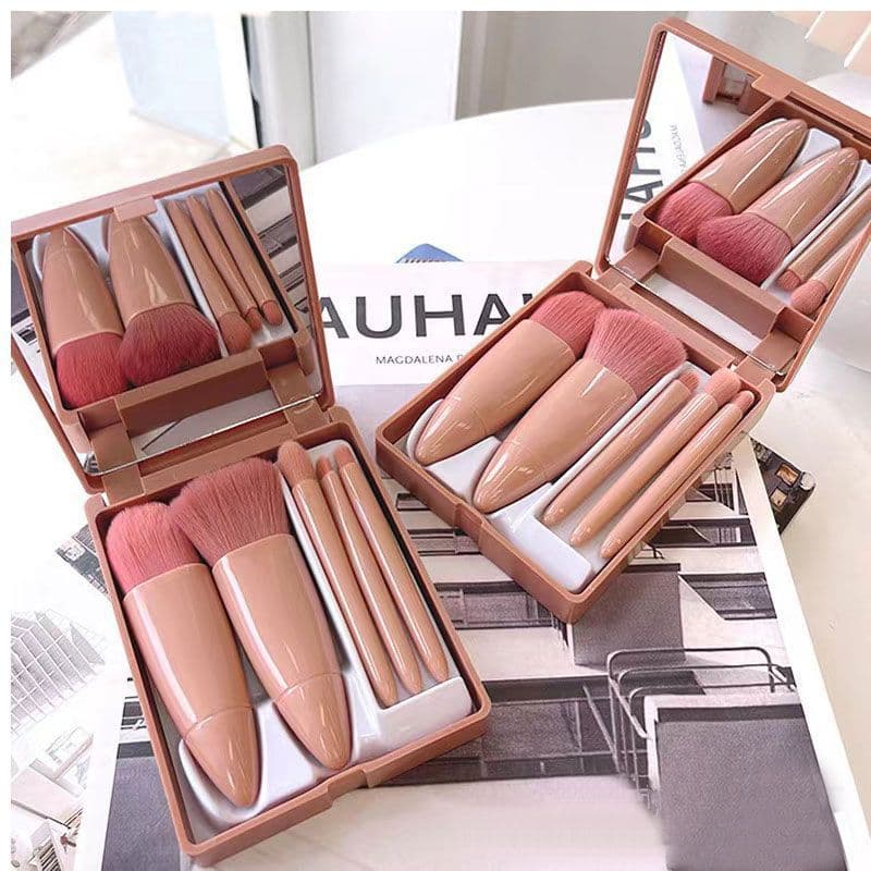 Cross-Border 5-Piece Makeup Brush Set, Travel Portable with Mirror, Eyeshadow, Powder, Blush Brush, Concealer Brush, Beauty Makeup