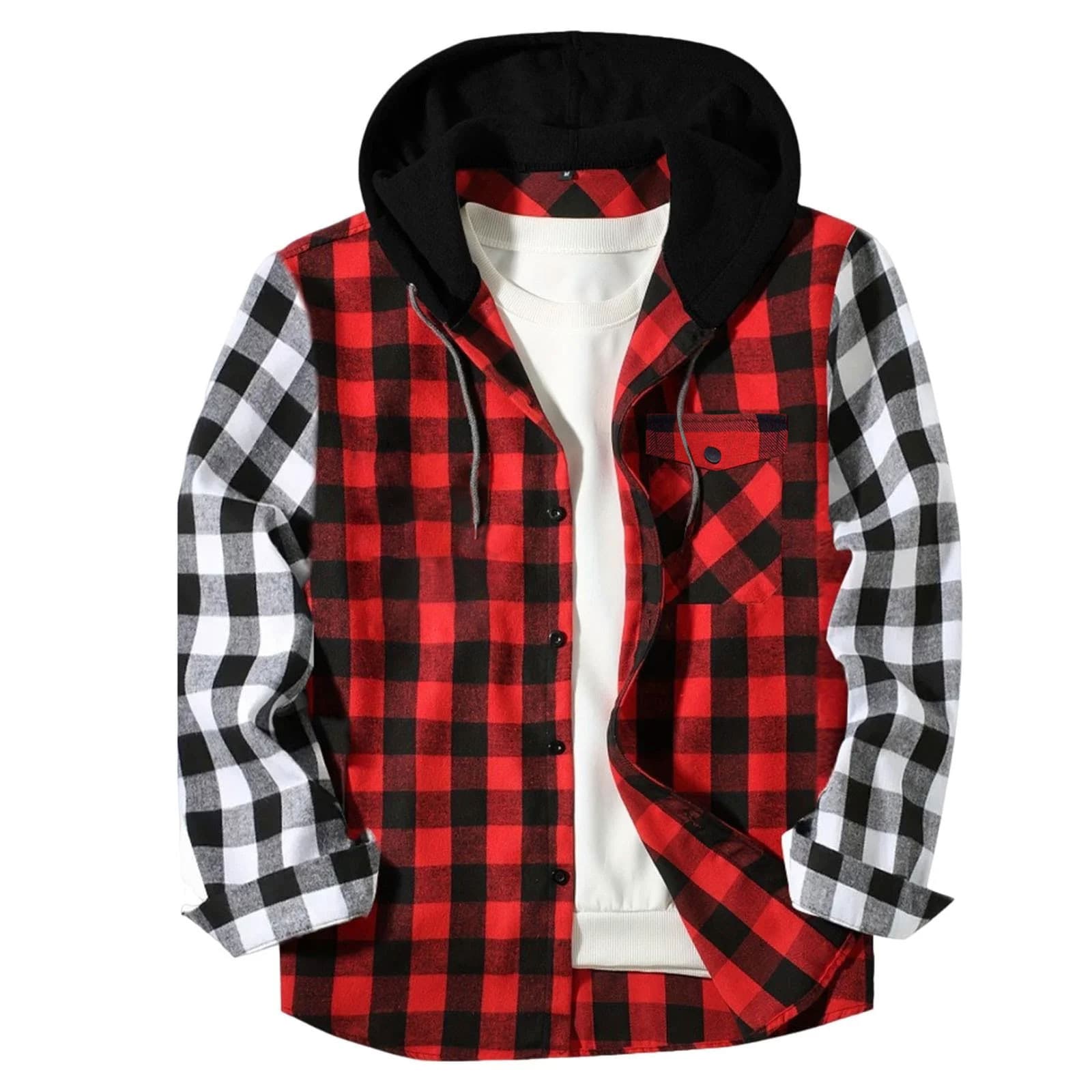 New Amazon Plaid Color-Block Shirt European and American Size Single Pocket with Flap Hooded Shirt Men Five Colors Six Sizes