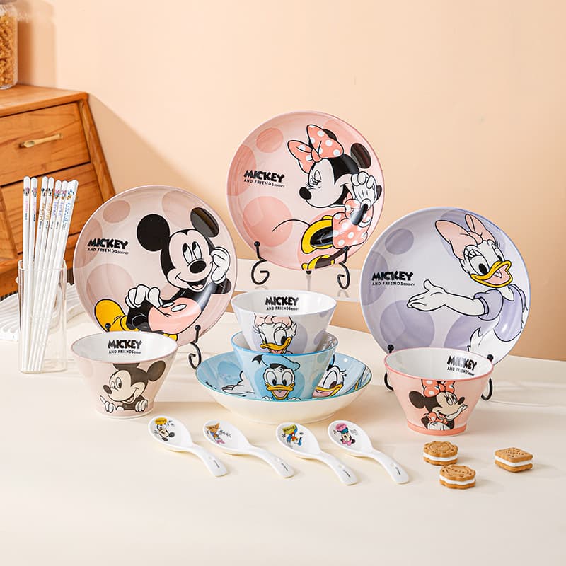 Disney ceramic plate high-looking bowl, plate and tableware set three-piece cartoon household underglaze color rice bowl set