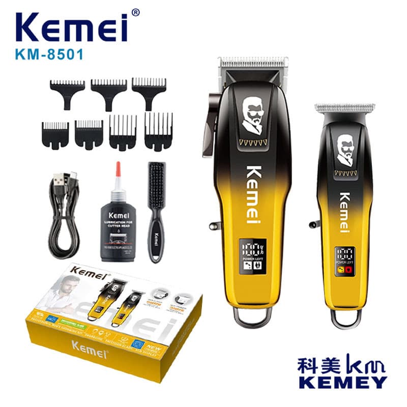 Kemei New USB Fast Charging Vintage Oil Head Clipper Set with Smart Digital Display Hair Trimmer and Engraving Scissors KM-8501