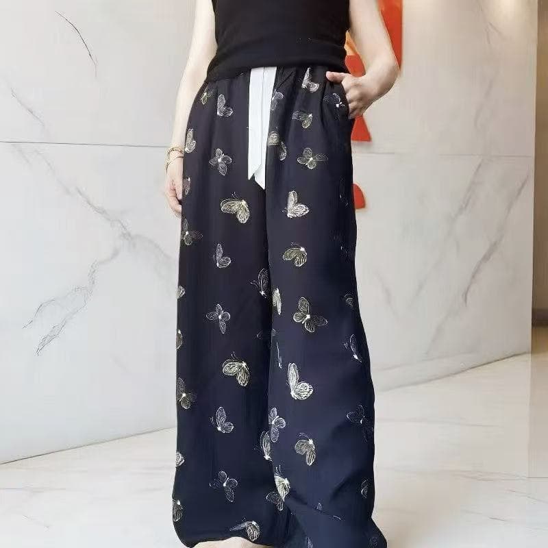 [Double Pockets] Cotton Silk Wide Leg Pants for Women, Spring Summer Loose Floor-Length Straight High-Waist Droopy Lazy Pajama Pants
