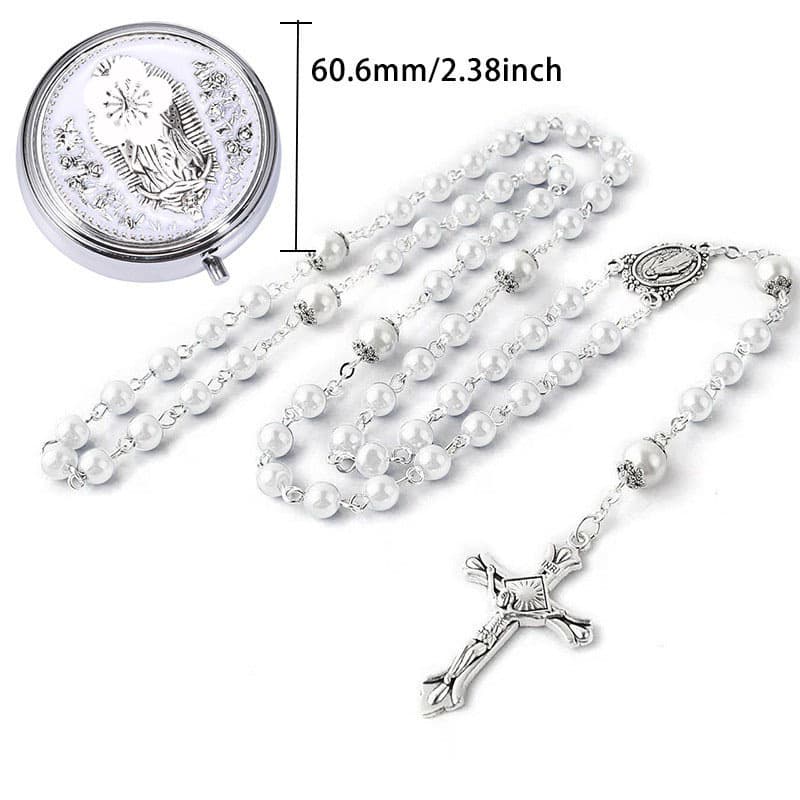 Cross-border 1 Set Rosary Box + Rosary Long Rosary Necklace Gift Box Metal Box Baptism Set for Men and Women