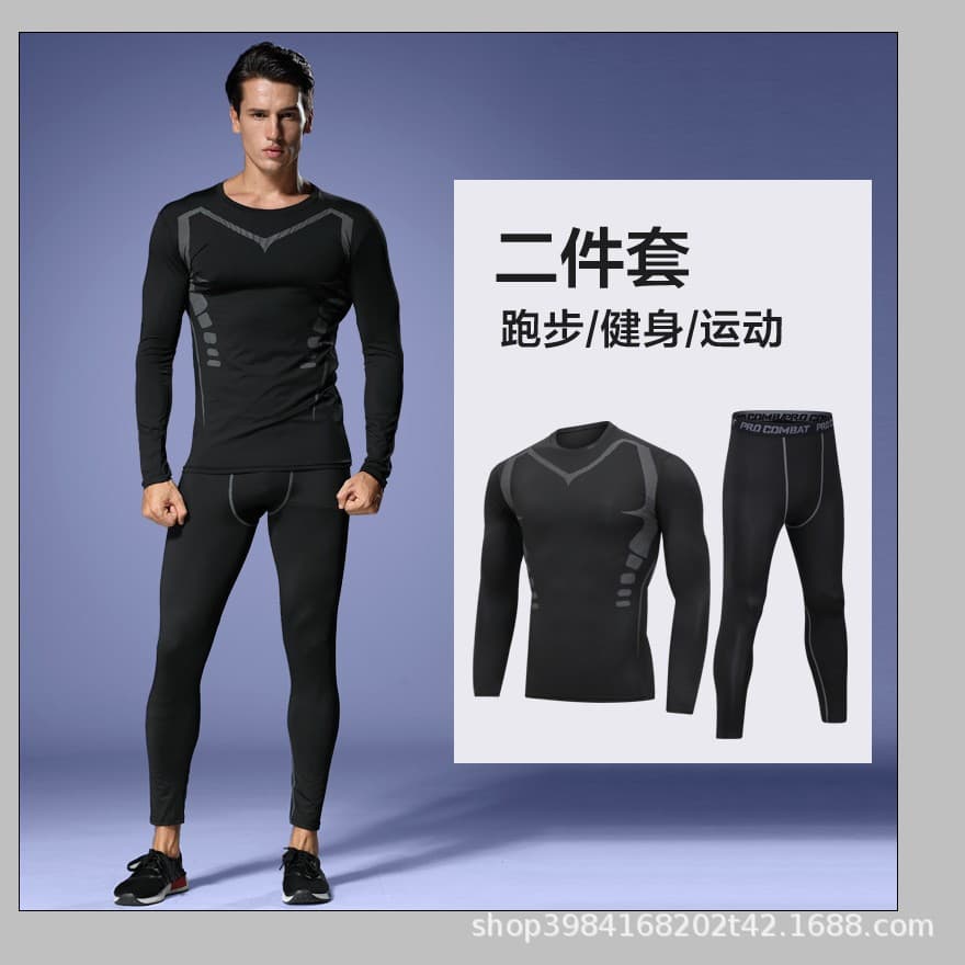 Fitness clothing for men in autumn and winter plus velvet tights running training quick-drying clothing gym long-sleeved trousers sports suit