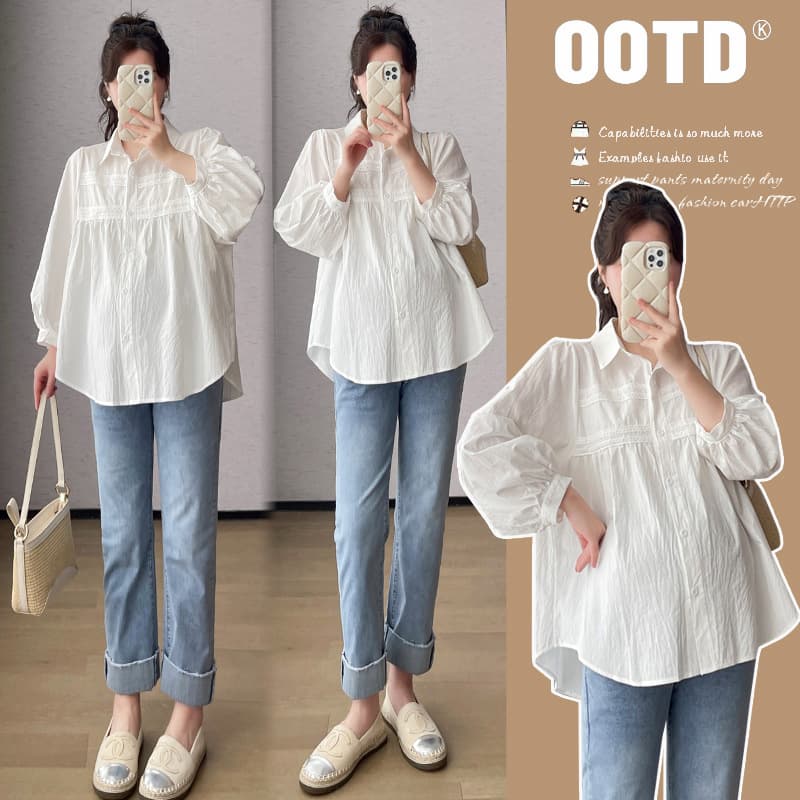 2024 real shot ready-made spring and autumn temperament lace simple white loose and versatile shirts for pregnant women, professional tops