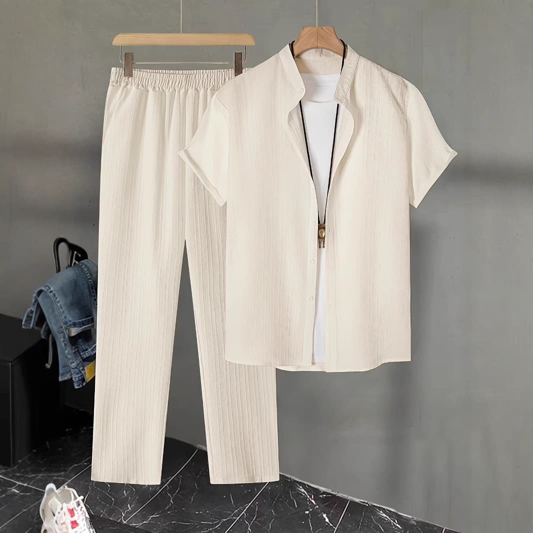 European and American Cross-border AliExpress Export Men's Casual Multi-color Beachwear Bamboo Crepe Short Sleeve Two-piece Set