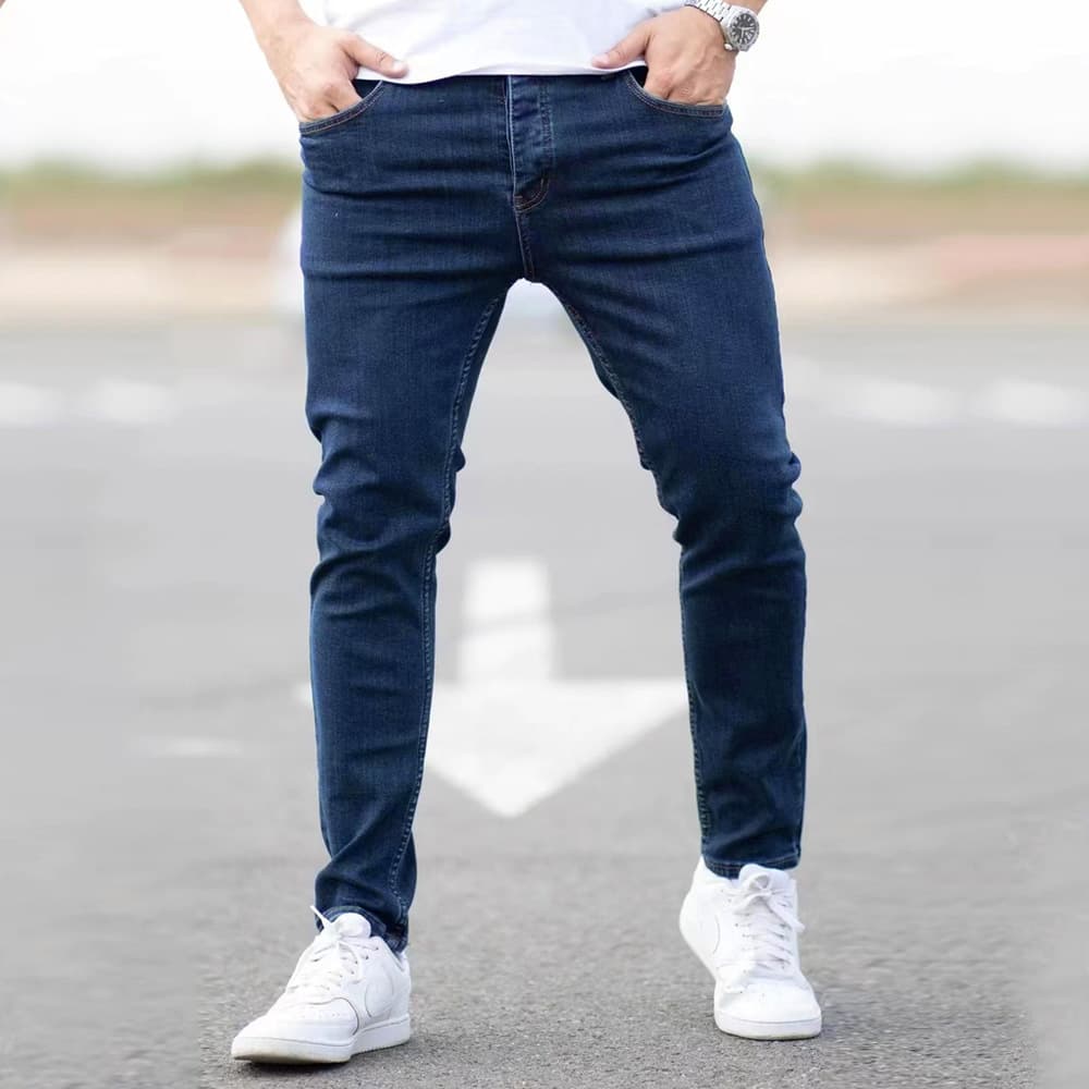 EU US Amazon Independent Station Fashion Trend Solid Color Stretch Denim Men's Pants Skinny Mid-Rise Men's Denim Long Pants