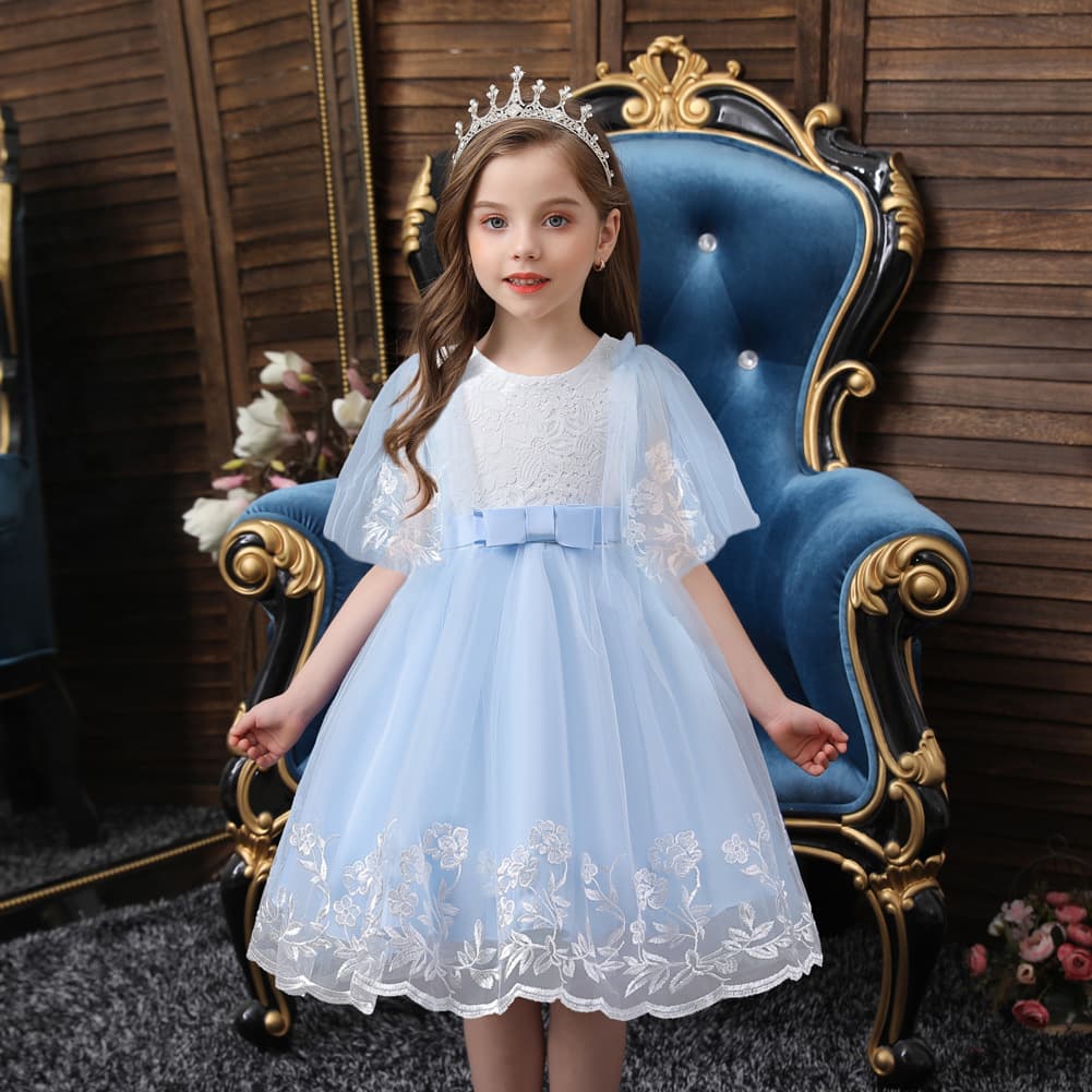 Girls Lace Trim Princess Dress Butterfly Knot Wedding Dress Children's Dress Cute Edge Bridesmaid Dress Stock Available