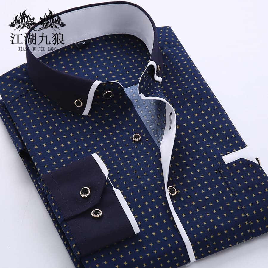 Slim-fit business formal men's shirt with fashionable print, lightweight casual shirt for youth, long-sleeve trendy versatile top for men.