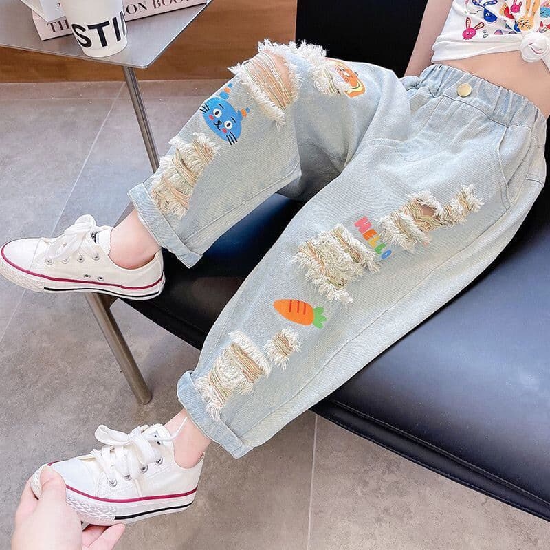 Girls' jeans summer new style children's graffiti ripped casual pants thin men's and women's baby summer pants
