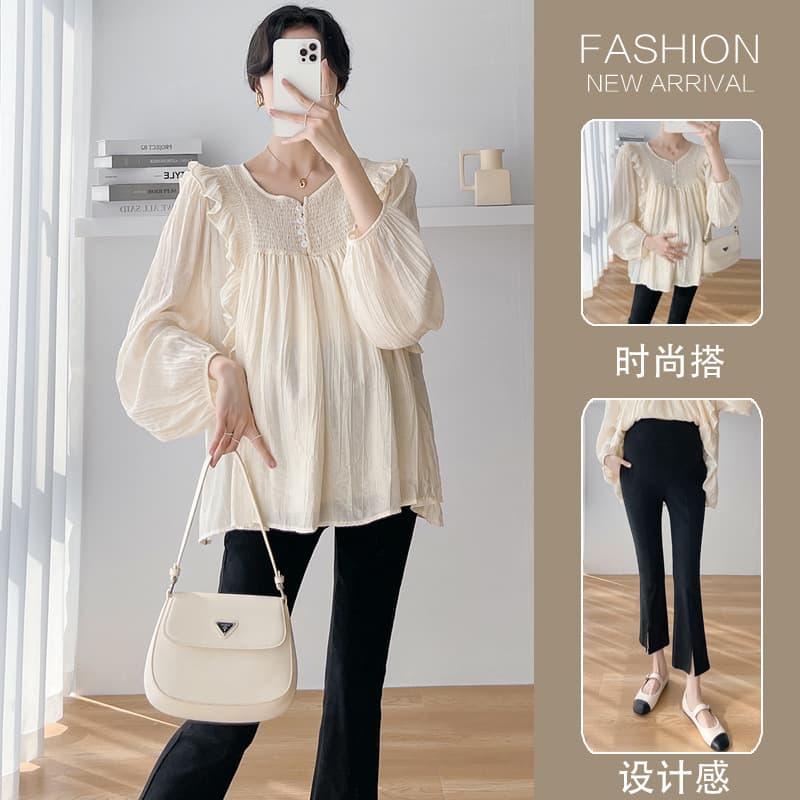 Spring Autumn New Maternity Wear Ruffle V-Neck Long Sleeve Peter Pan Blouse Top Loose Maternity Top